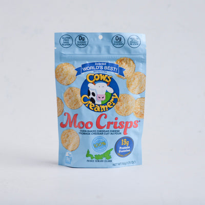 Package of Cows Creamery Moc Crisps on a light gray background